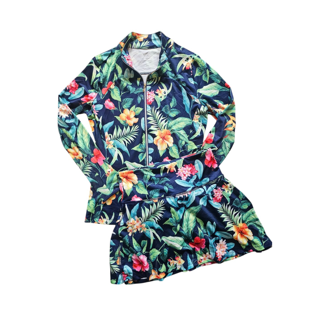 Gottex 2pc Golf Tennis Set Navy Tropical Floral Jacket & Skort XS EUC